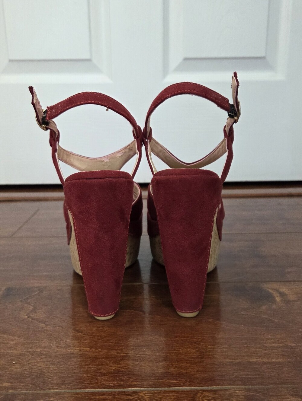 ANDREA Red Microsuede Cork Platform Wedge Sandals with Ankle Straps Size 7 - Picture 3 of 10